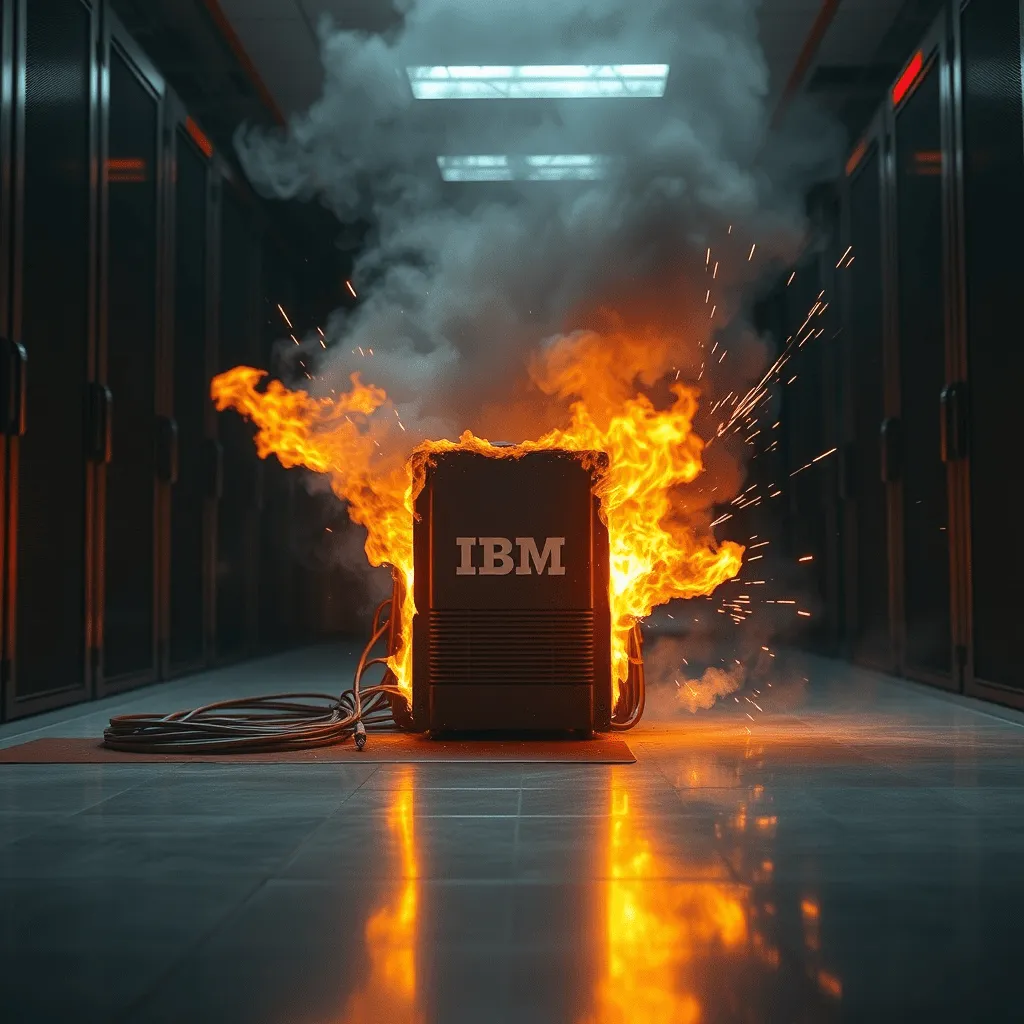 Brennender IBM Server im Rechenzentrum